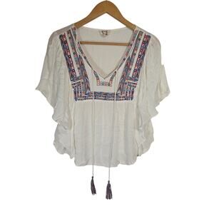 P Place Clothing Embroidered Flutter Sleeve Tassel Boho Hippie Beach Cottage XS